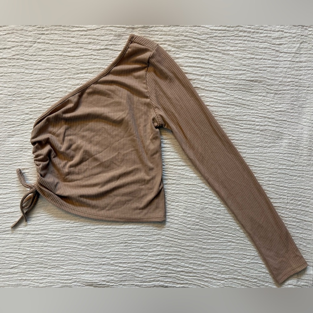 Caution To The Wind Ribbed One-Shoulder Tan Top